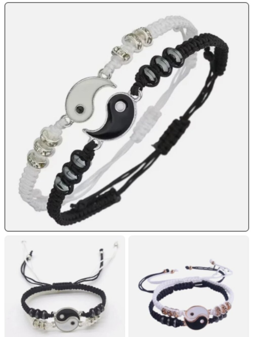 2pcs New Yin Yang Bracelet Set Tai Chi Adjustable Couples Black White Friendship